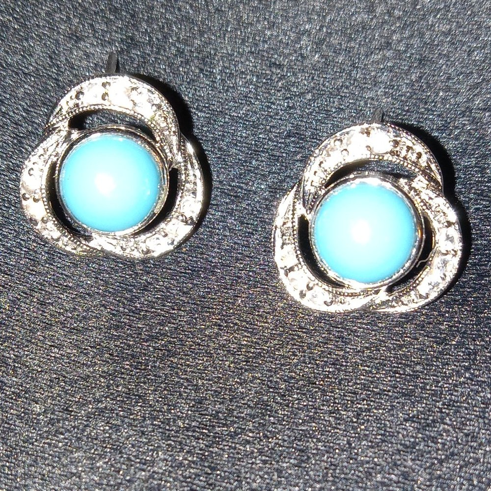 925 Sterling Silver Sleeping Beauty Turquoise and White Sapphire Stud Earrings